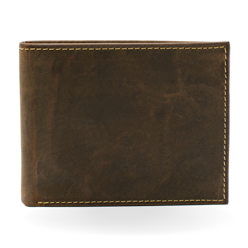 Randolph Bifold Distressed Leather Wallet by Nickel Smart. Front view with single stitch in cream.