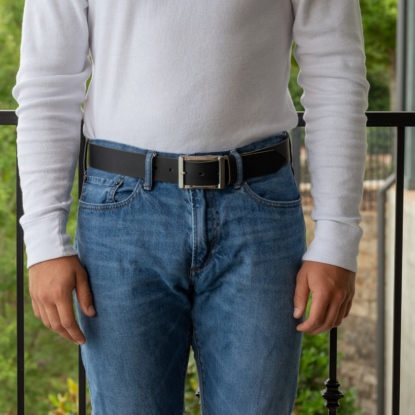 Black Leather Work Belt with Heavy Duty Durable Titanium Buckle