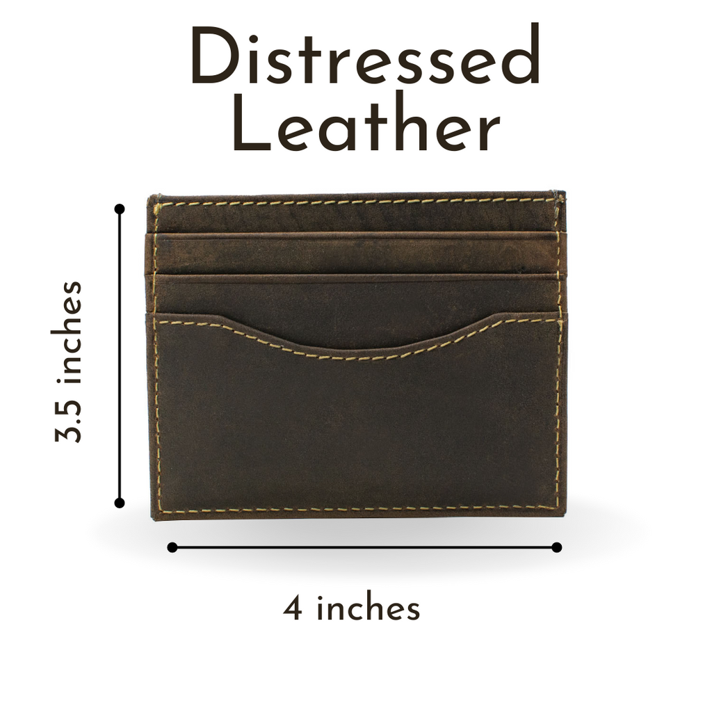 Reed Wallet. Distressed leather. 3.5 inches tall by 4 inches wide. Single stitch in cream along edge