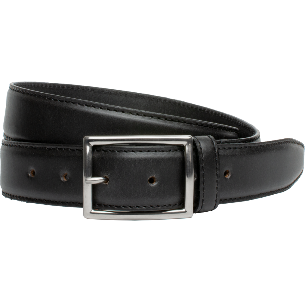 Entrepreneur Titanium Belt (Black) II. Single stitching on edges of slightly domed leather strap.