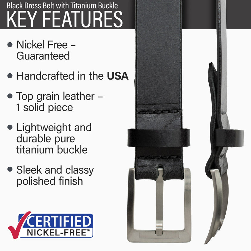Black Leather Dress Belt with Titanium Buckle