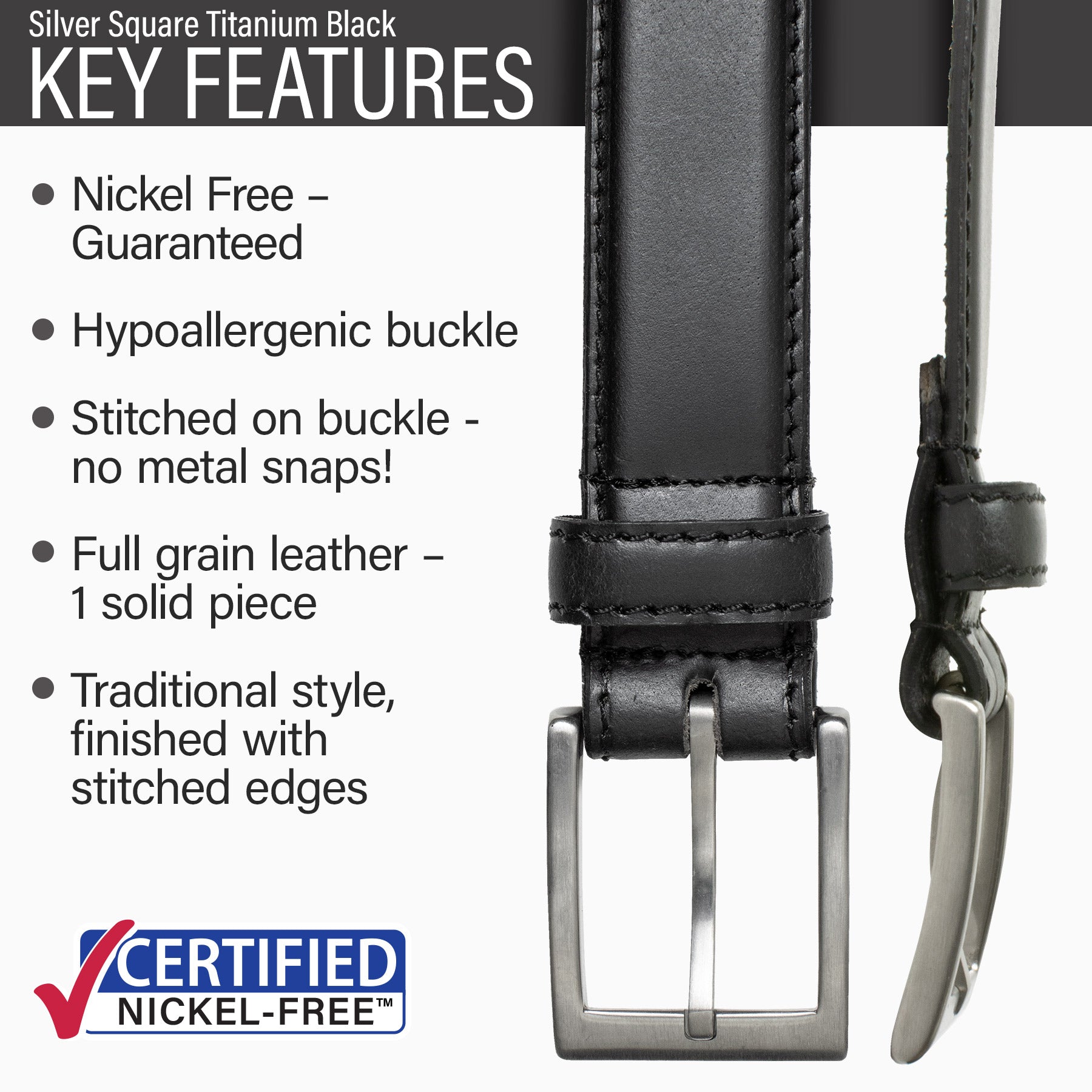 Silver Square Titanium Black Leather Belt by Nickel Smart® Silver Square Titanium Black Leather Belt by Nickel Smart®