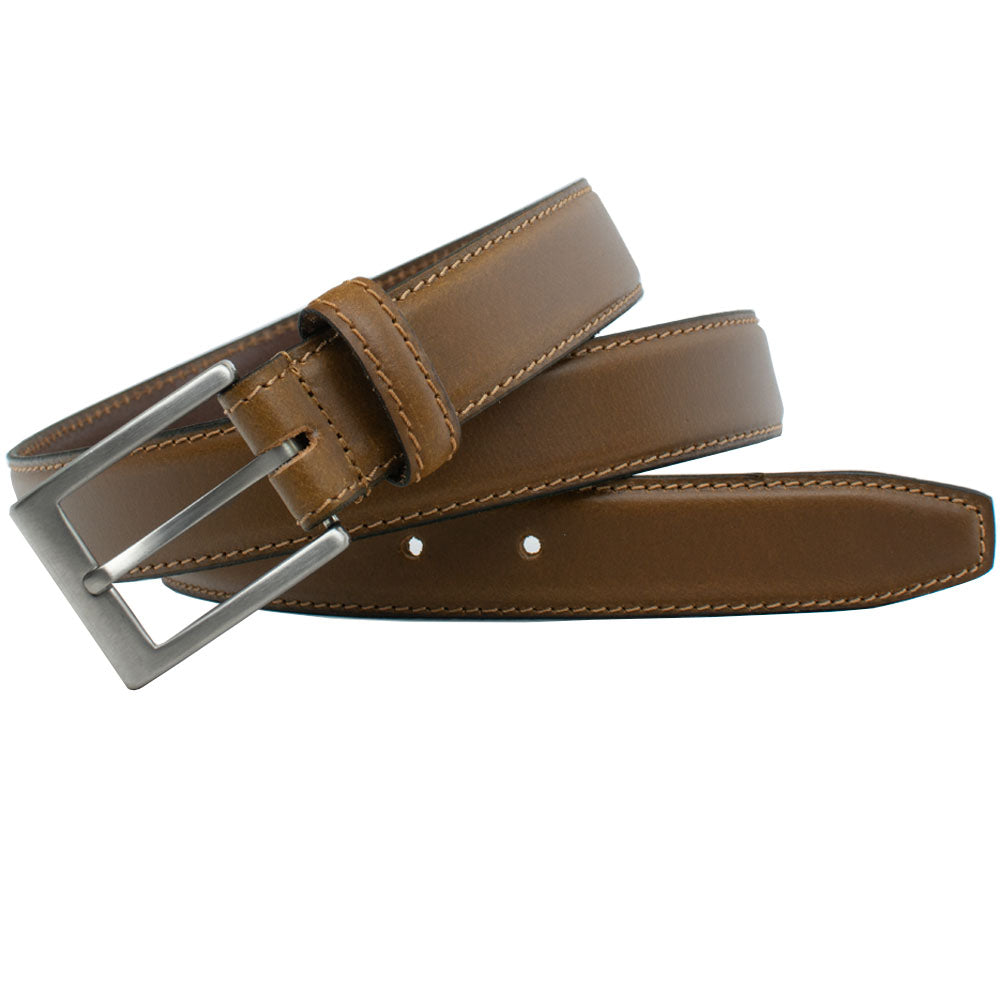 Silver Square Titanium Tan Belt. Squared buckle is stitched directly to strap. Tapered end of belt.