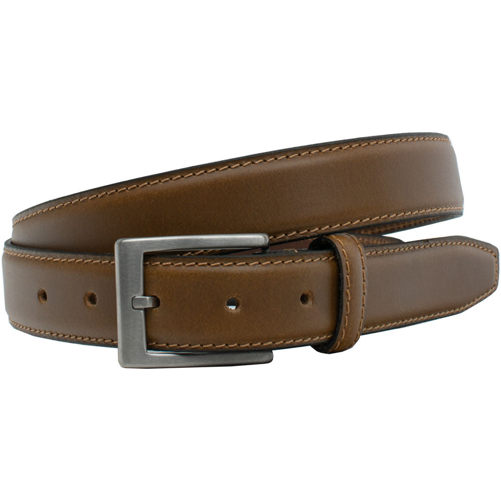 Silver Square Titanium Tan Belt. Strap has a domed center and single stitching with black edges.