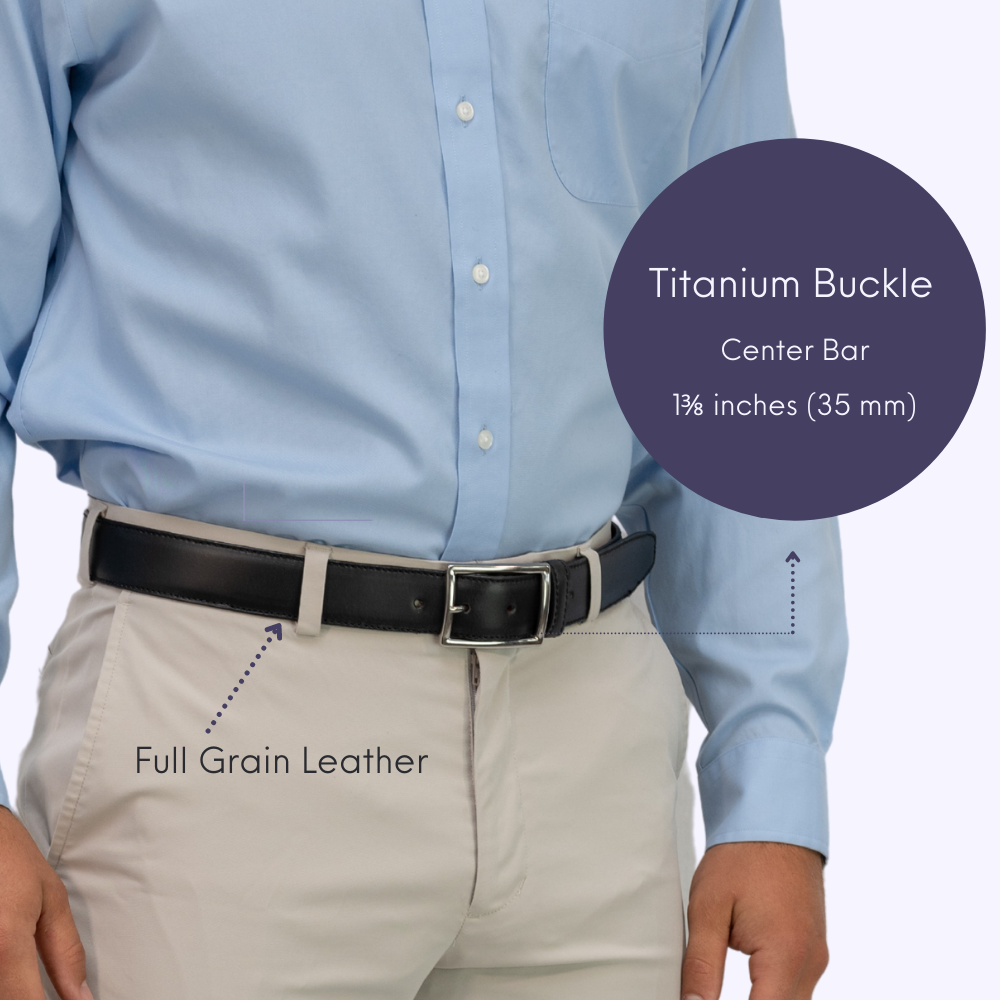 Titanium Center Bar Buckle. 1⅜ inches (35mm) wide. Strap is full grain leather.