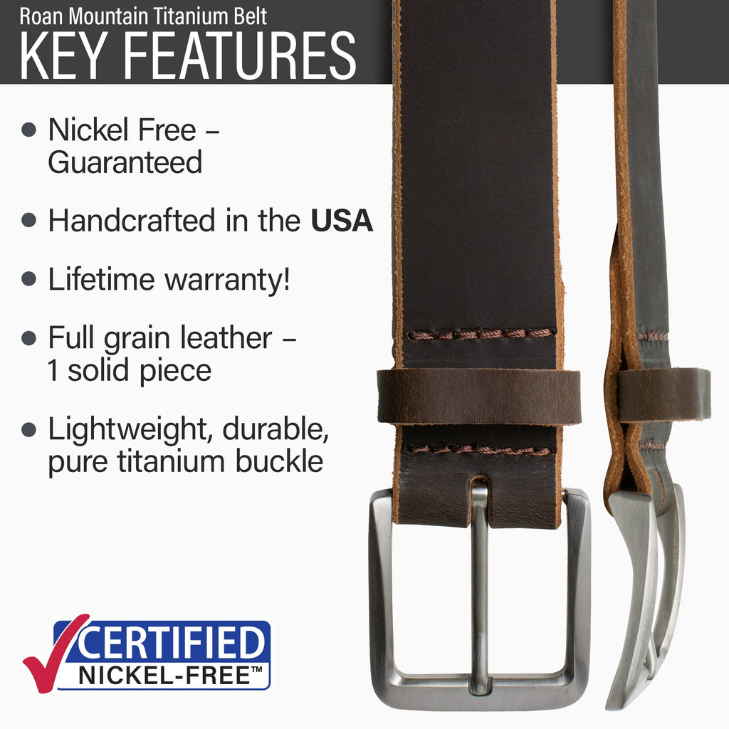 Hypoallergenic lightweight durable pure titanium buckle, lifetime warranty, full grain leather strap
