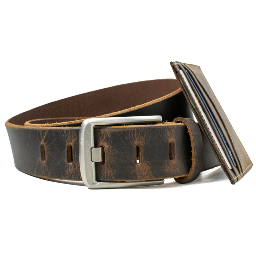 Titanium Wide Pin Distressed Leather Belt with Reed Wallet leaning against it