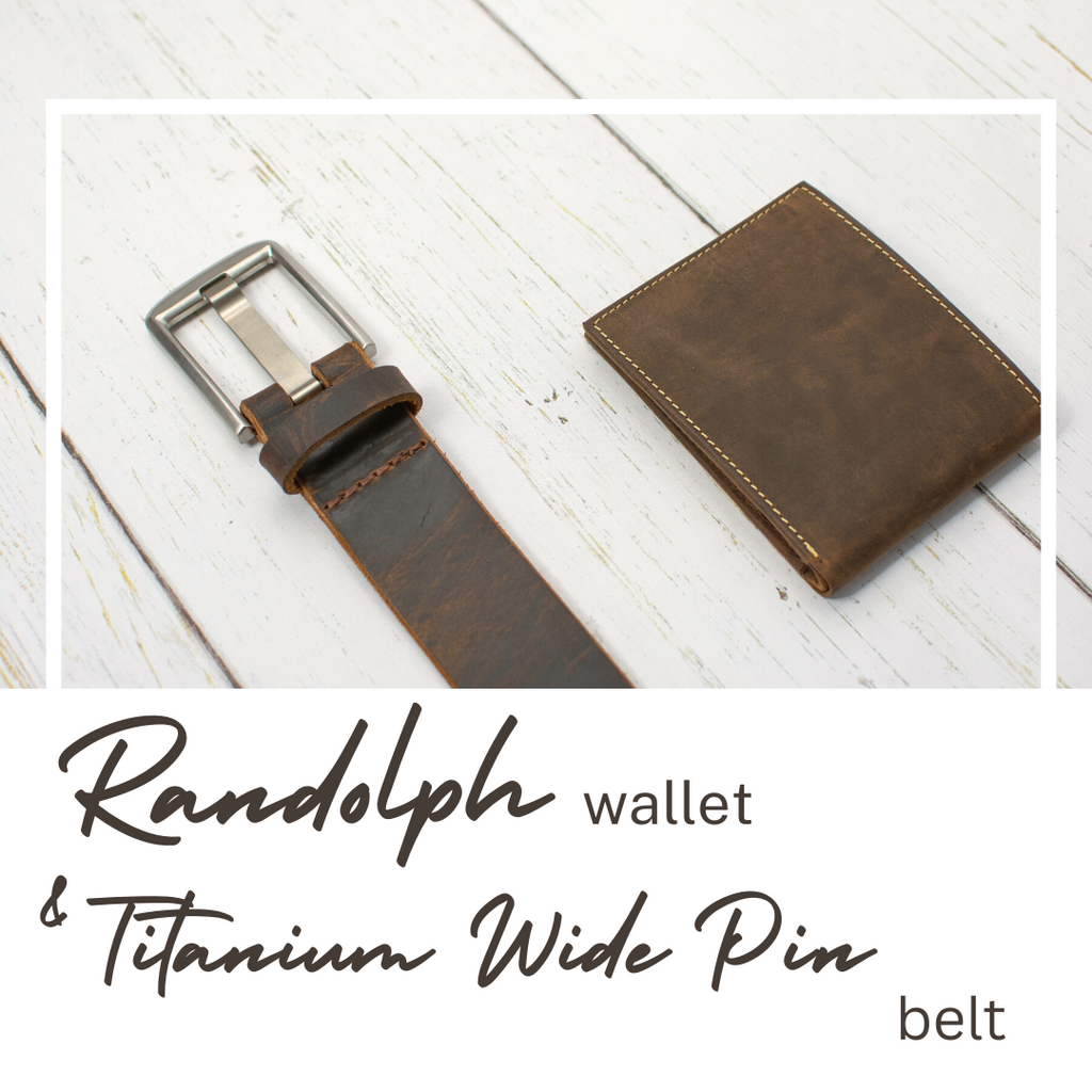 Randolph Wallet & Titanium Wide Pin Belt. Sturdy solid distressed full grain leather.