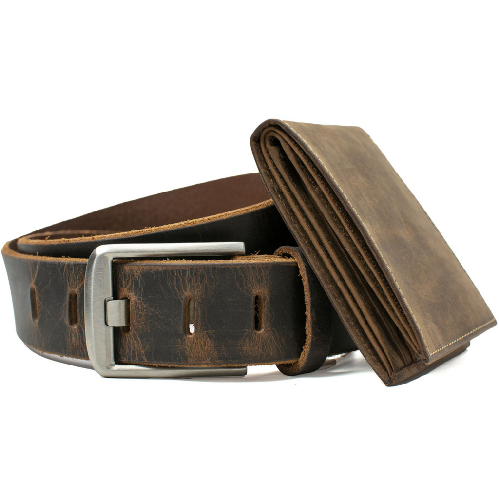 Titanium Wide Pin Distressed Leather Belt with Randolph wallet. Both are distressed brown leather.