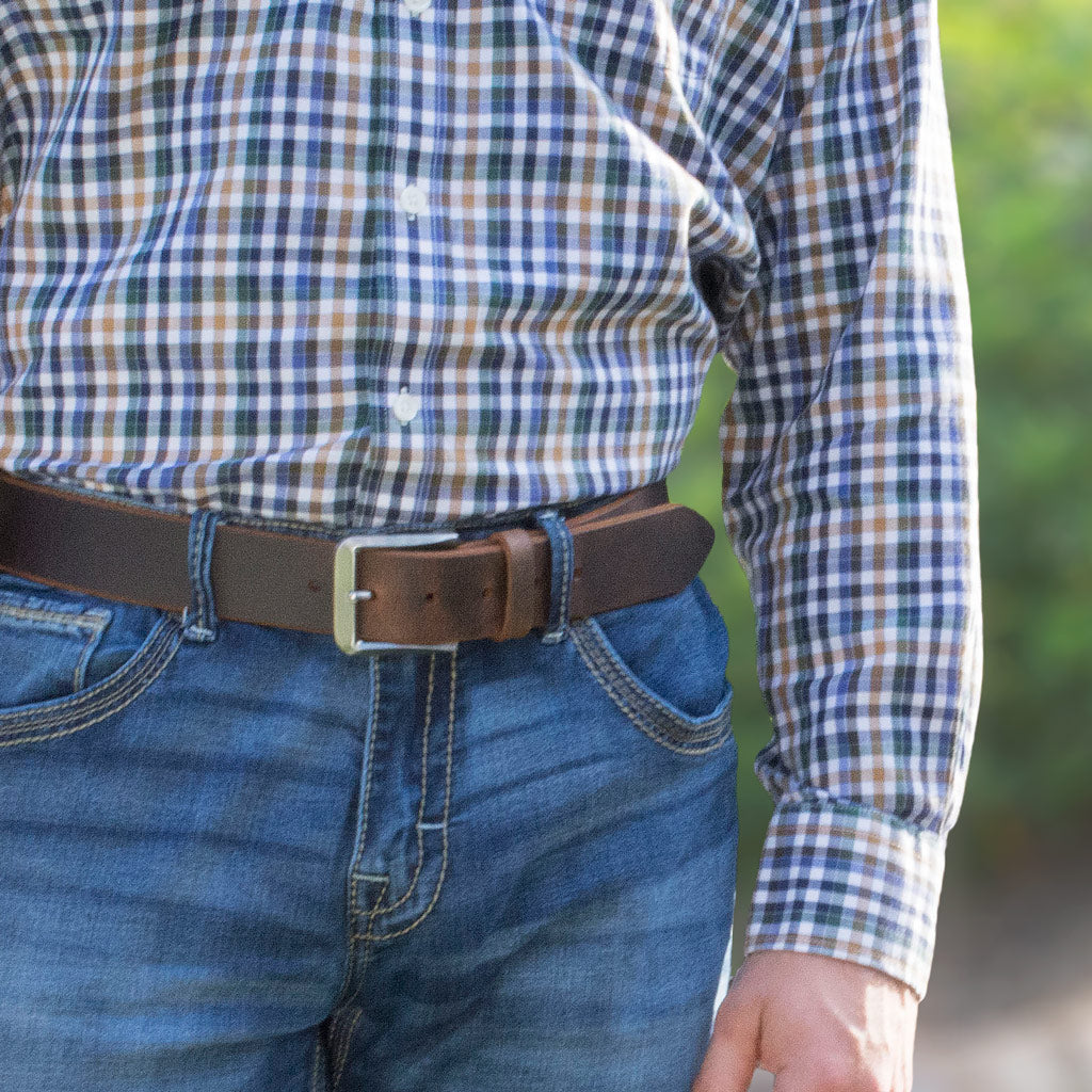 Mt. Pisgah Titanium Distressed Leather Belt on model. Work belt or great for casual wear with jeans.