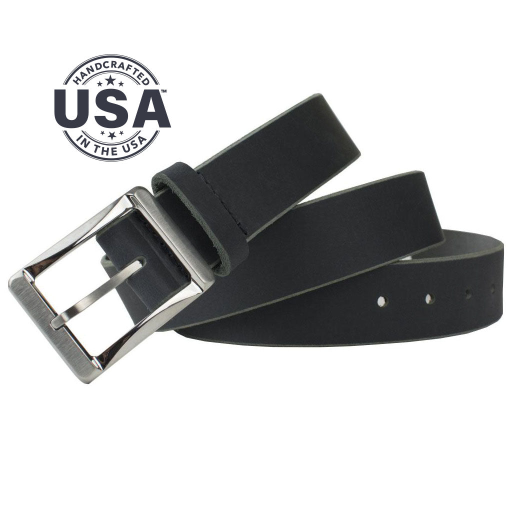 Black Leather Work Belt with Heavy Duty Durable Titanium Buckle 34 inch / Black / Titanium/Leather