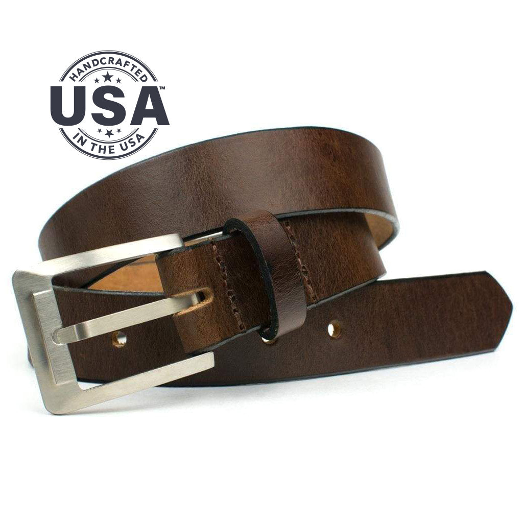 Titanium Dress Brown Belt. Handcrafted in the USA. Titanium buckle stitched to brown leather strap.