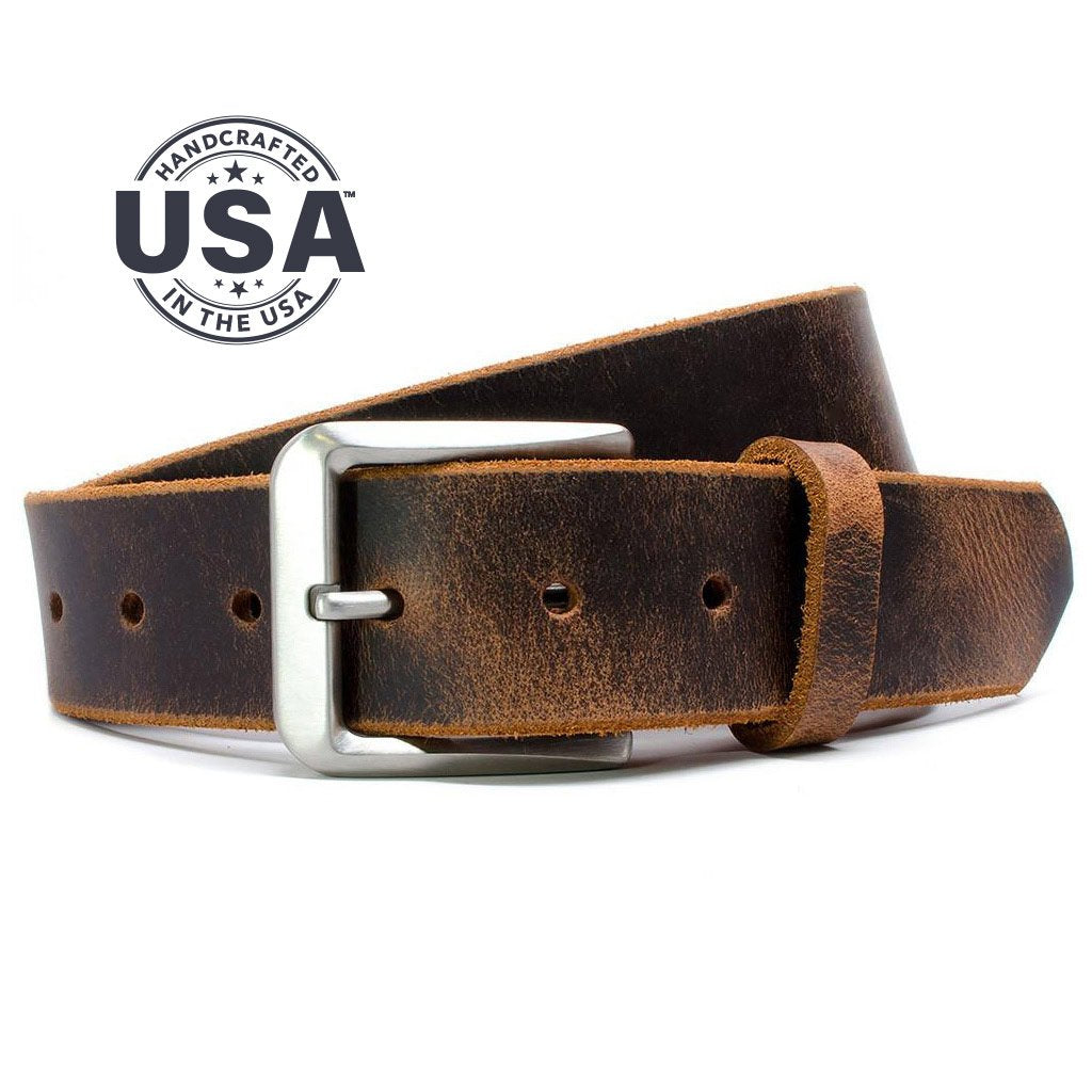Ultimate Belt Set. Handcrafted in the USA. Brown distressed strap with casual silvery buckle.