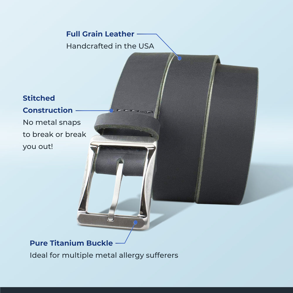 Black Leather Work Belt with Heavy Duty Durable Titanium Buckle 34 inch / Black / Titanium/Leather