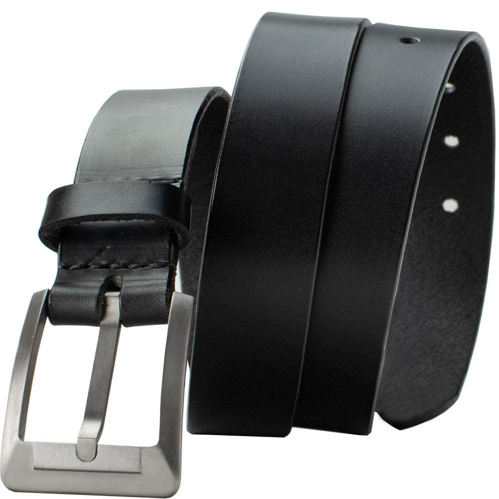 Black Dress Belt with Titanium Buckle by Nickel Smart. Sleek black strap, strong titanium buckle.