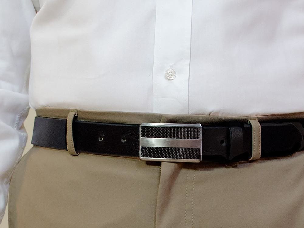 Nickel-free dress belt with unique titanium/carbon fiber buckle. Great for professional dress.