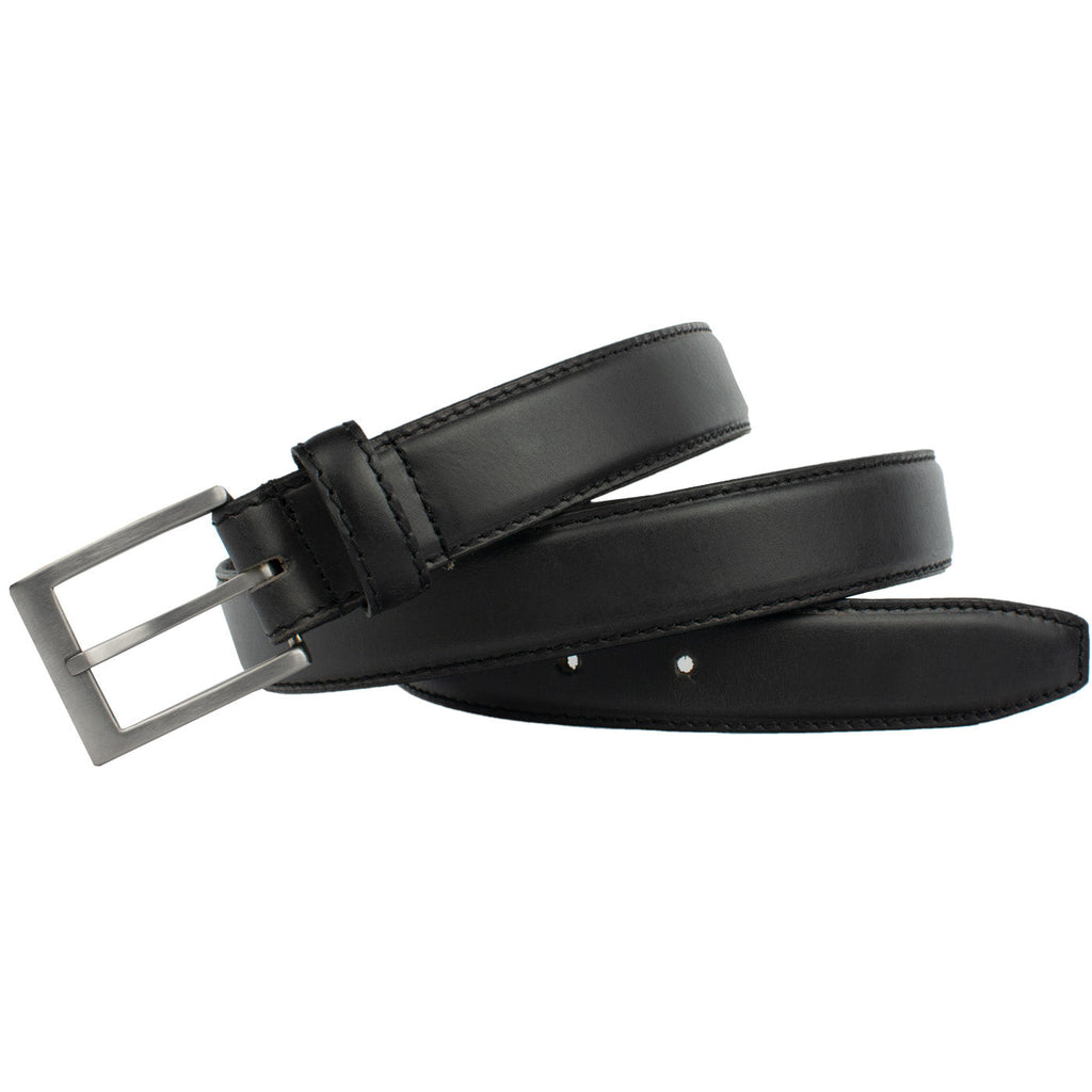 Silver Square Titanium Black Belt. Square buckle is stitched directly to black leather strap.