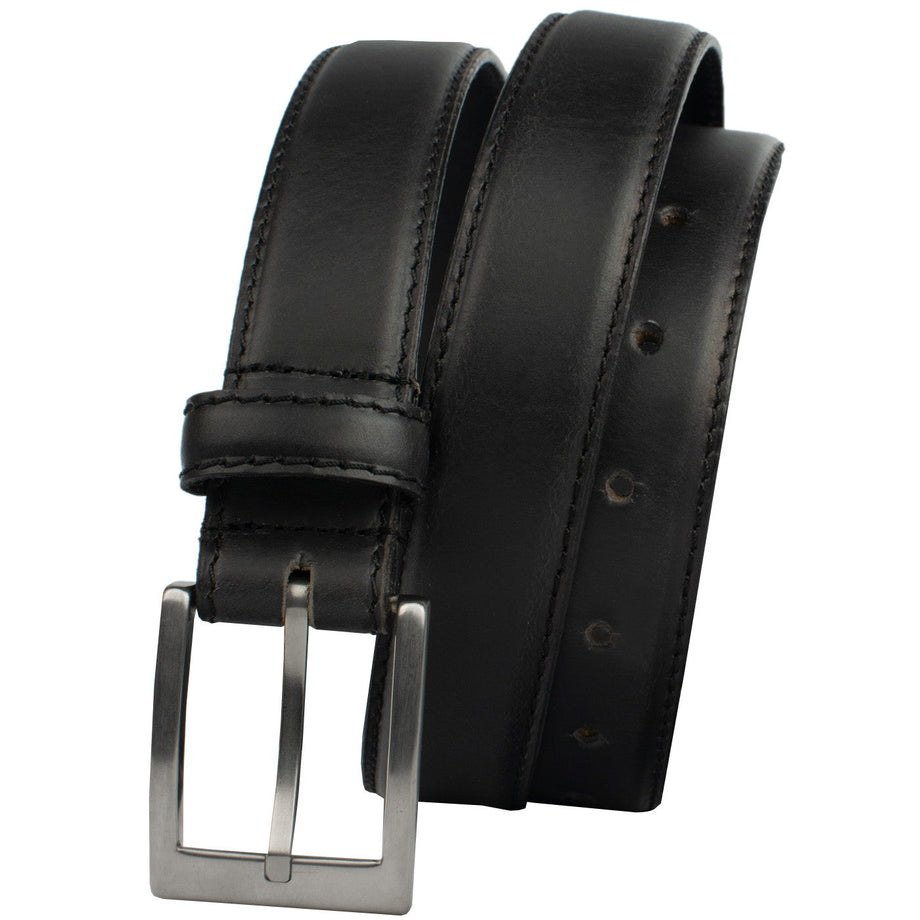 Silver Square Titanium Black Leather Belt | Dress Belt Silver Square Titanium Black Leather Belt | Dress Belt