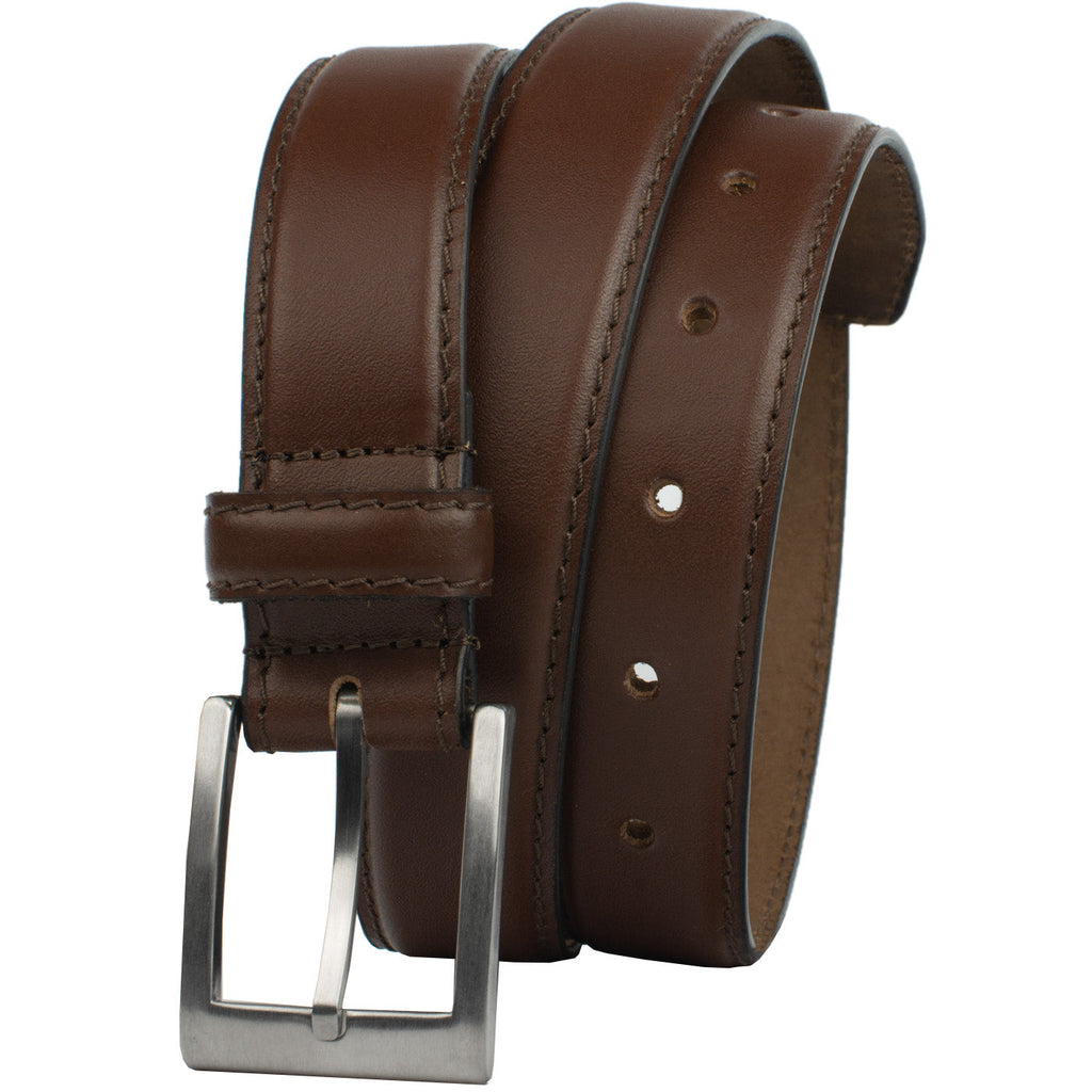 Silver Square Titanium Brown Belt by Nickel Smart. Full grain leather dress belt; titanium buckle.