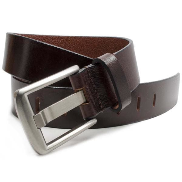 Jericho's Favorite Belt Set. Red-brown strap, finished edges, titanium wide pin buckle stitched on.