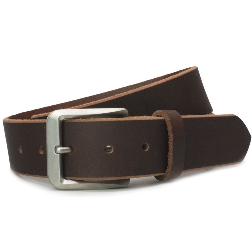 Roan Mountain Titanium Belt. Square buckle; rounded corners. Solid strap has raw edging.