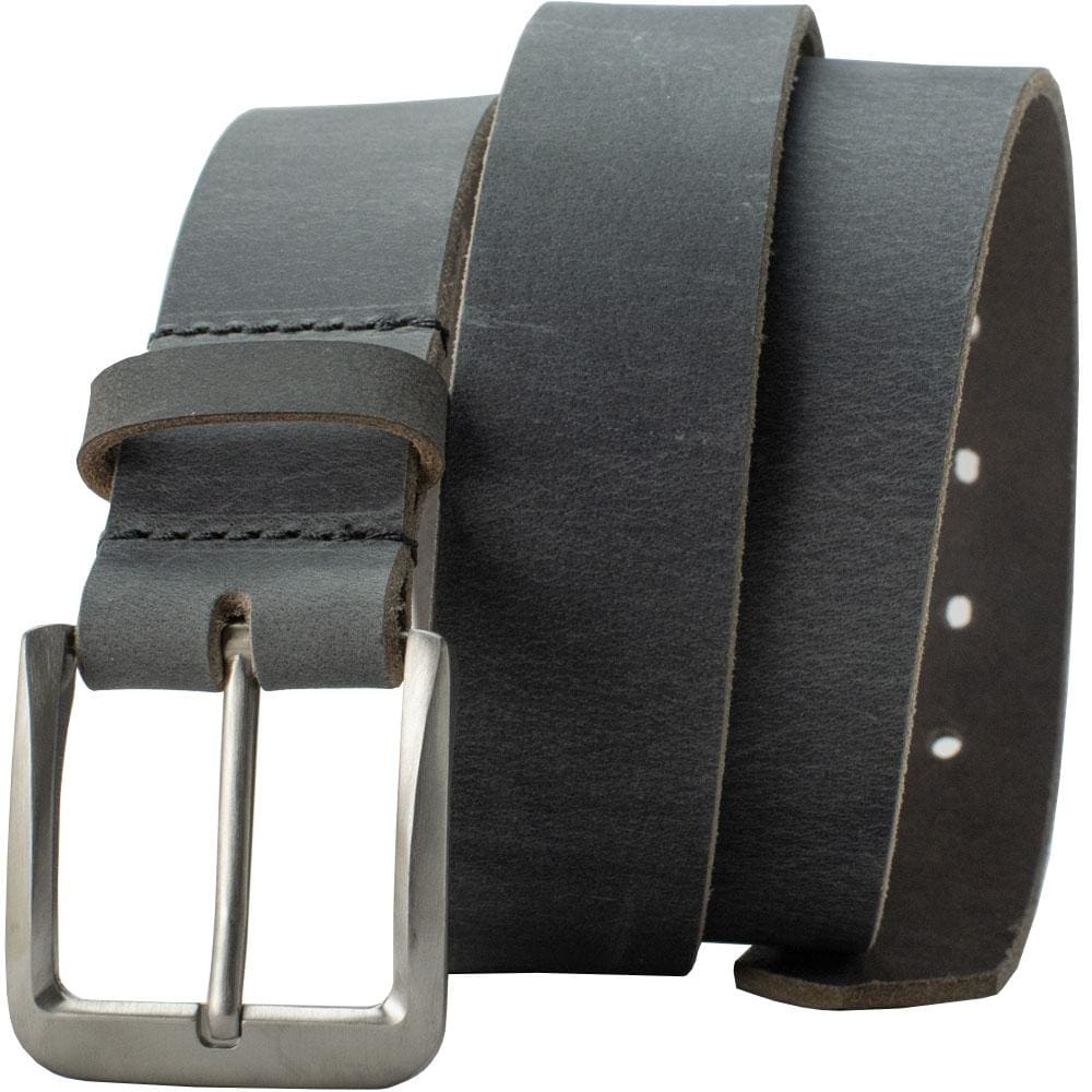 Smoky Mountain Titanium Distressed Leather Belt by Nickel Smart. Gray strap; silver buckle.