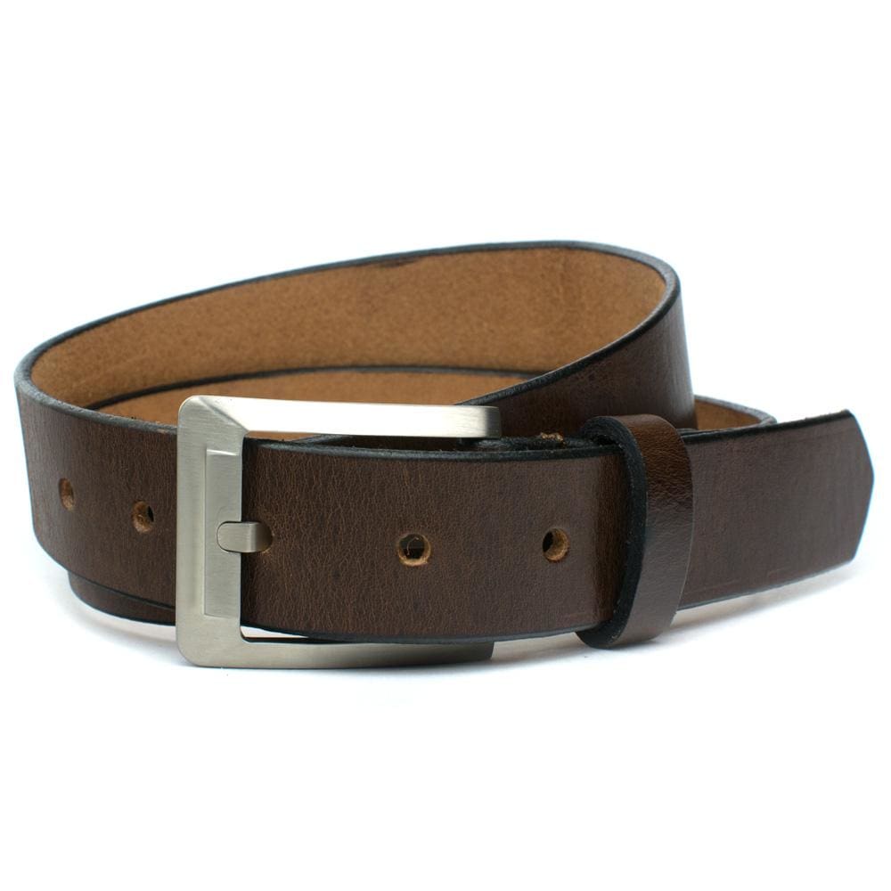 Titanium Dress Brown Belt by Nickel Smart. Thick square titanium buckle; single prong. Brown strap.
