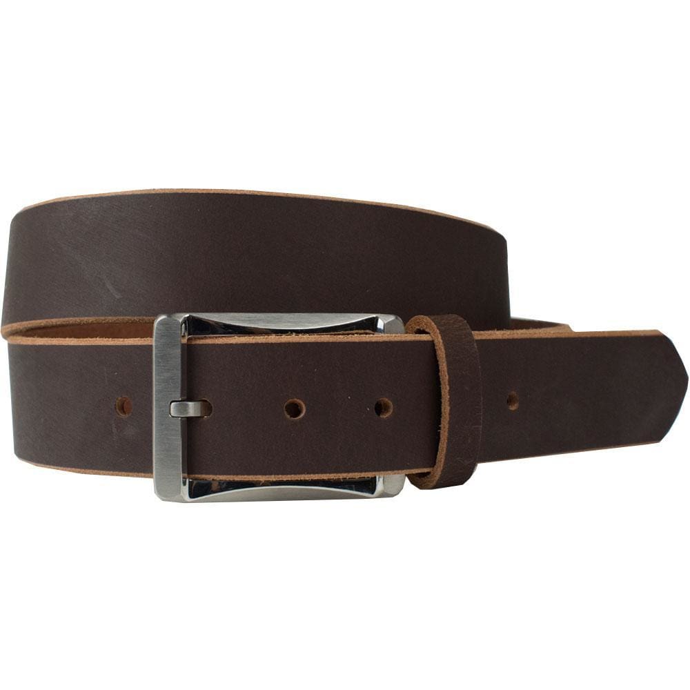 Titanium Work Belt II (Brown). Muted brown leather with raw edges. Casual looks but durable.